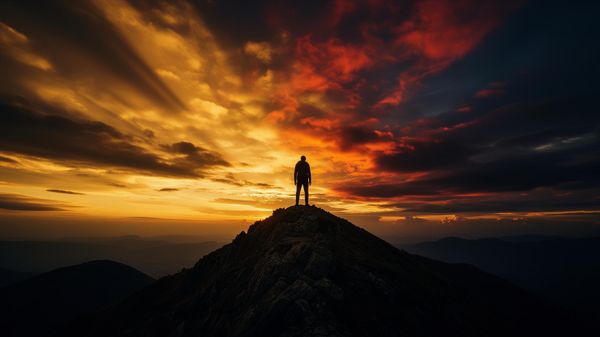 Líder en la cima de una montaña al atardecer contemplando el horizonte